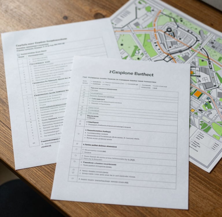Overhead shot of structured paperwork, compliance checklists, and a map of project sites on a wooden table, soft natural light, 35mm lens.