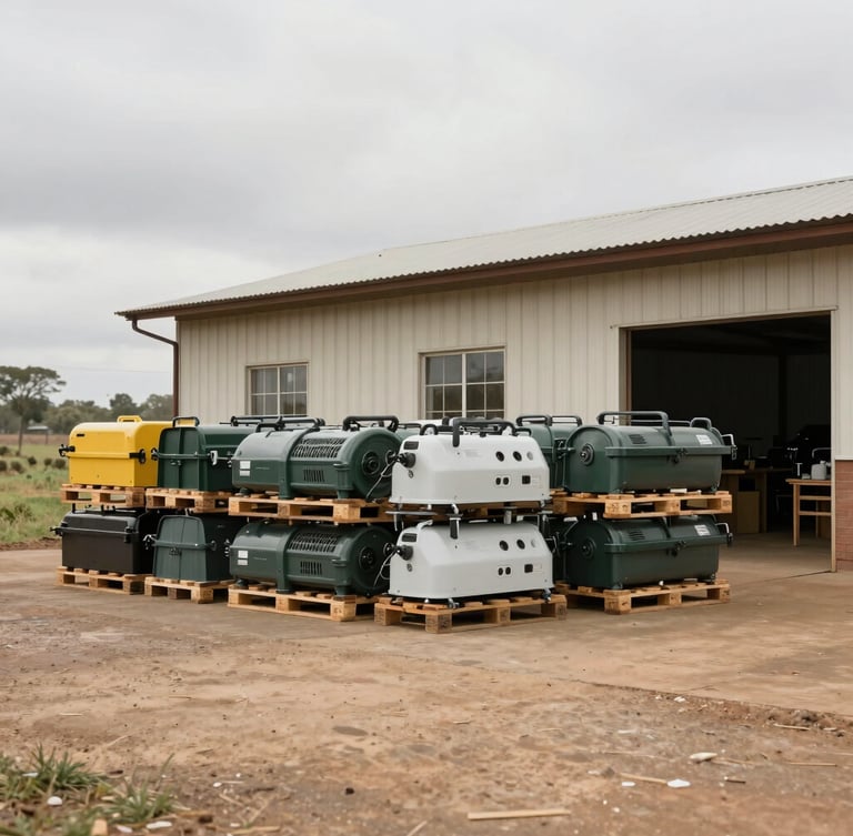 Overcast daylight shot of a remote agricultural warehouse in East Africa, pallets of specialized farming equipment stacked neatly, documentary editorial photography style.