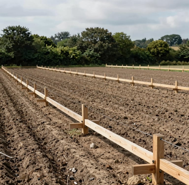 An editorial documentary photograph of an agricultural development site in the UK, captured under soft overcast natural light. In the foreground, structured timber irrigation frames are neatly aligned across a tilled field, showing precise, organized lines. Muted earth and deep forest green tones, 35mm lens.