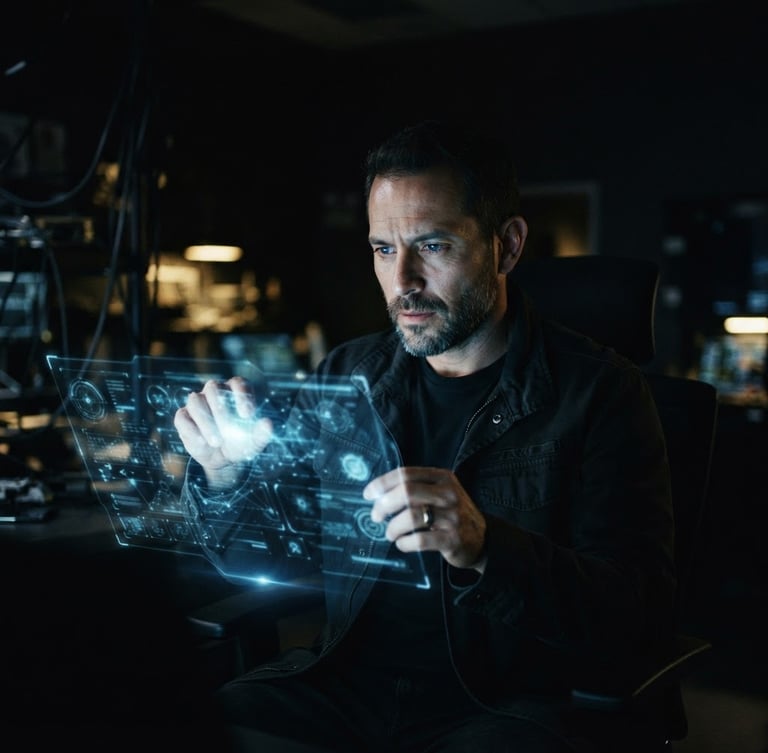 Guillermo Abraham Trejo Negrete in a dark, high-contrast environment, interacting with a subtle holographic interface, electric blue light reflecting on his face, cinematic wide-angle.