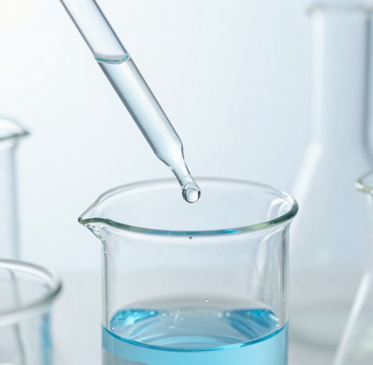 Close-up of a scientific glass beaker with a blue liquid, a pipette precisely adding a clear solution, under bright laboratory lighting, macro depth of field.