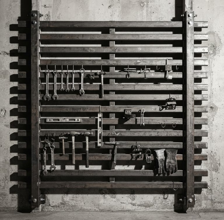 Straight-on architectural elevation of a heavy steel slatted wall mount rack anchored to studs, hard side shadows, high contrast