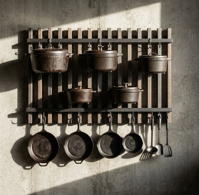 Straight-on architectural elevation of a slatted wall-mount pot rack holding heavy cast-iron Dutch ovens, hard directional side-light, distinct slatted shadows, high contrast
