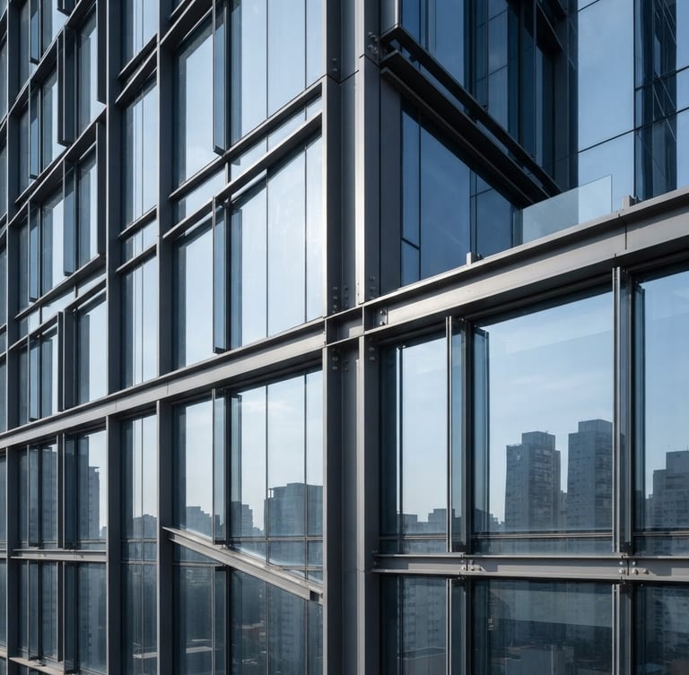 Sharp architectural close-up of a modern corporate building facade in São Paulo, steel and glass geometry, bright neutral daylight, clean lines, cool tones.