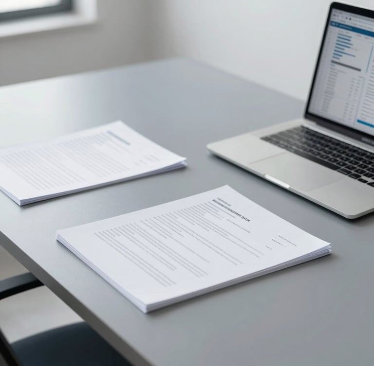 An organized minimalist office desk with structured documents, a clean laptop showing data charts, sharp focus, cool slate tones, bright daylight.