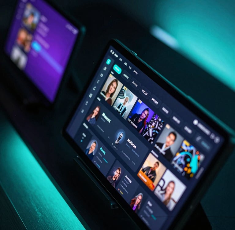 Sleek technology photography, dark low-key lighting, neon teal ambient glow, sharp macro focus on a modern IPTV management dashboard displaying active user metrics on a tablet, 35mm lens