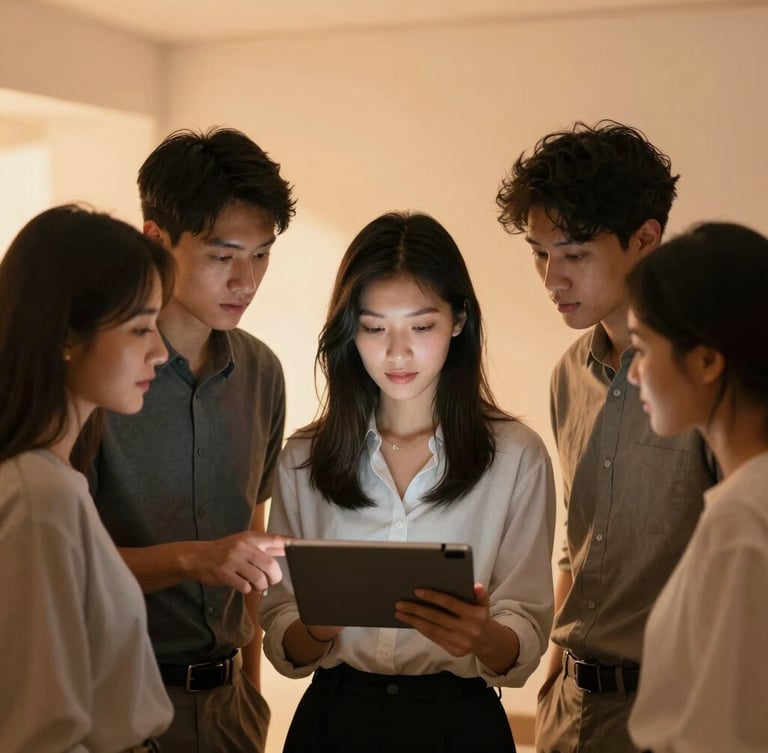 A crisp, authentic portrait of a diverse group of young professionals collaborating over a tablet, soft diffused warm orange studio lighting, subtle backlighting, modern minimalist background.
