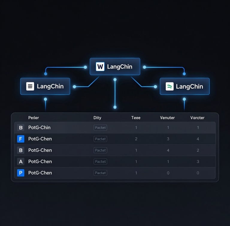 Sleek dark-mode digital diagram of a database architecture, showing PostgreSQL tables connected to LangChain vector nodes with glowing electric blue lines, crisp studio render