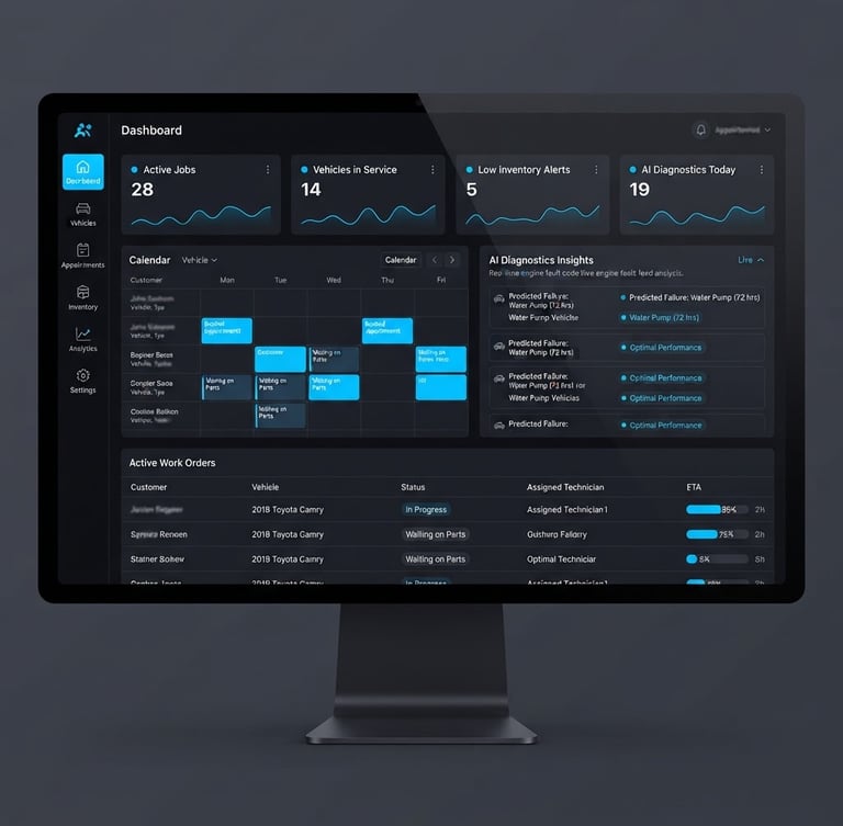 Captura de pantalla de una interfaz de usuario de un software SaaS de gestión de talleres mecánicos con IA, en modo oscuro, con acentos azules eléctricos y elementos de interfaz de usuario limpios. Disposición de escritorio recta y nítida.