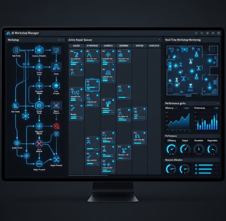 Straight-on clean dark-mode desktop interface of an AI workshop manager dashboard, showing diagnostic flowcharts and active repair queues with electric blue status indicators, crisp studio render