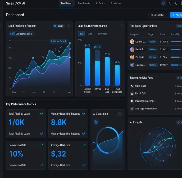 Captura de pantalla de la interfaz de usuario de Sales CRM AI en modo oscuro, mostrando un panel de control con gráficos de predicción de leads y métricas clave, con acentos en azul eléctrico.