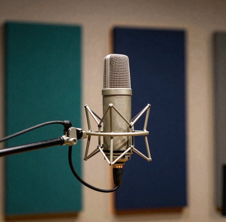 A professional recording studio in Tripoli, high-quality broadcasting microphones, warm ambient lighting with deep green and navy blue acoustic panels in the background, sharp focus, editorial style