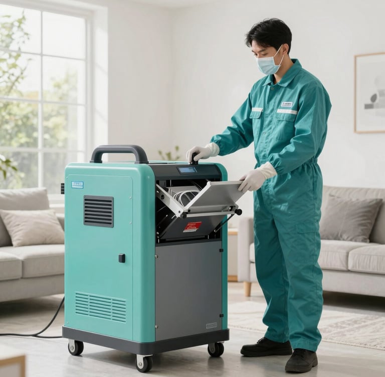 A professional technician in clean branded protective gear operating advanced structural drying equipment in a bright residential space, slate and teal tones
