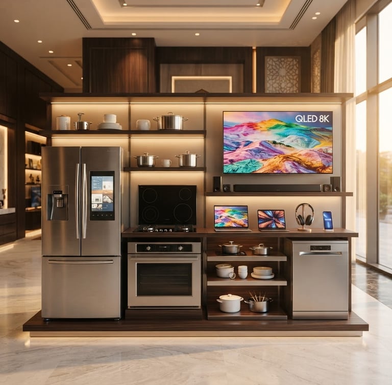 Straight-on clean studio shot of high-end home appliances and electronics on display in a luxury Baghdad showroom, warm golden dawn lighting, sharp focus