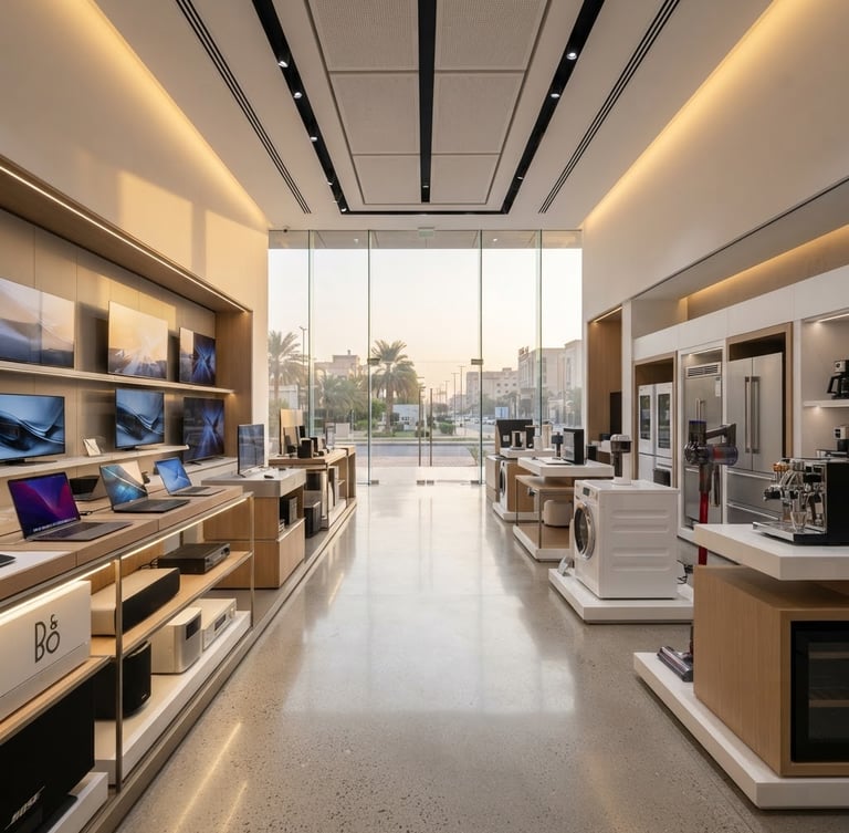 Straight-on architectural shot of a luxurious, modern electronics showroom in Al-Mansour Baghdad, bright clean studio lighting with soft golden dawn highlights, high-end appliances neatly arranged on minimalist displays