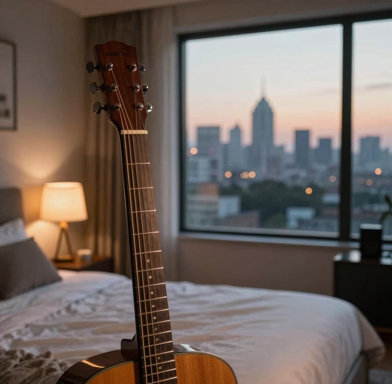 Candid shot of a bedroom studio setup with guitar neck in foreground, warm lamp light, and a window showing New Delhi skyline at dusk.