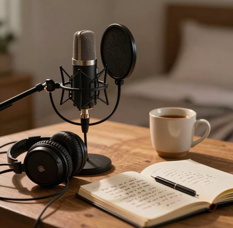 A close-up, low-light shot of a cozy bedroom recording setup in New Delhi. A microphone with a black pop filter stands in front of a tangled pile of headphone wires, a half-empty ceramic tea mug, and an open notebook with handwritten lyrics in Hindi script. Soft warm lamp light casting long shadows.