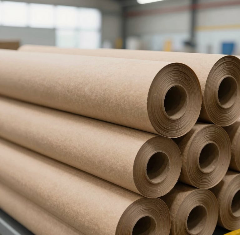 Macro shot of heavy rolls of raw brown kraft paper stacked in a clean, modern Surat manufacturing facility, bright natural light