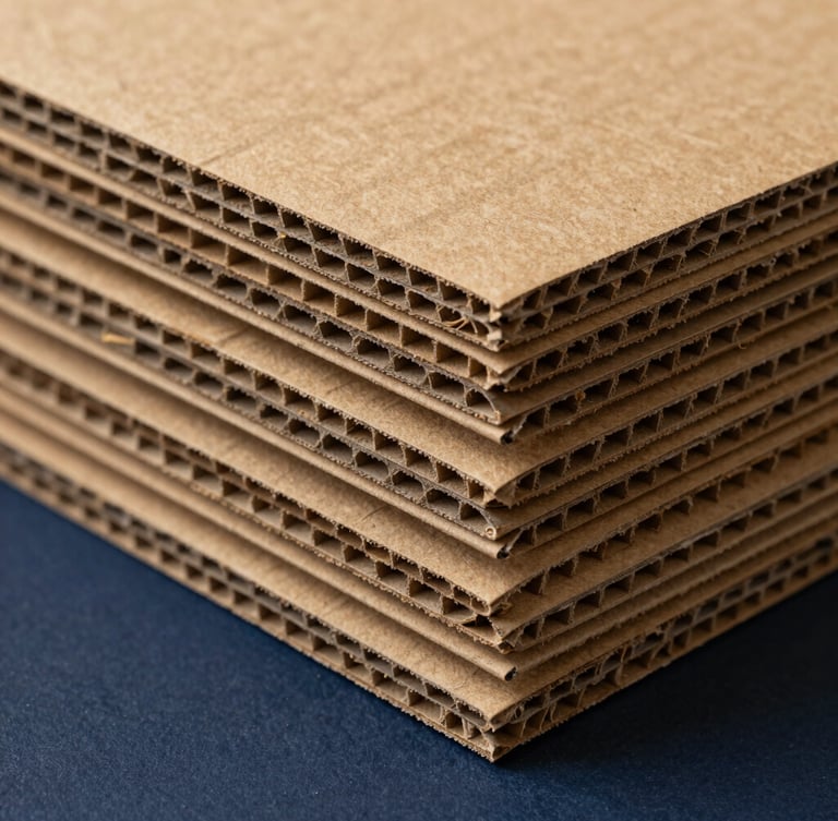 Macro photograph of heavy-duty 5-ply corrugated cardboard fluting, warm kraft paper texture, dramatic side lighting, sharp focus on paper layers