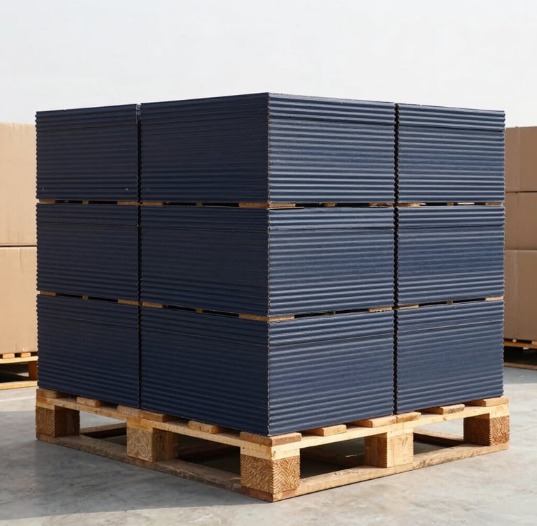 Wide-angle clean industrial shot of stacked corrugated boxes on pallets inside the Surat facility, natural light, realistic shadows