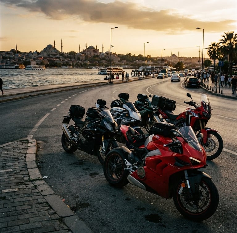 Dynamic low-angle shot of multiple sport and touring motorcycles lined up on an Istanbul coastal road at golden hour, deep metallic reflections, dramatic 35mm film style.
