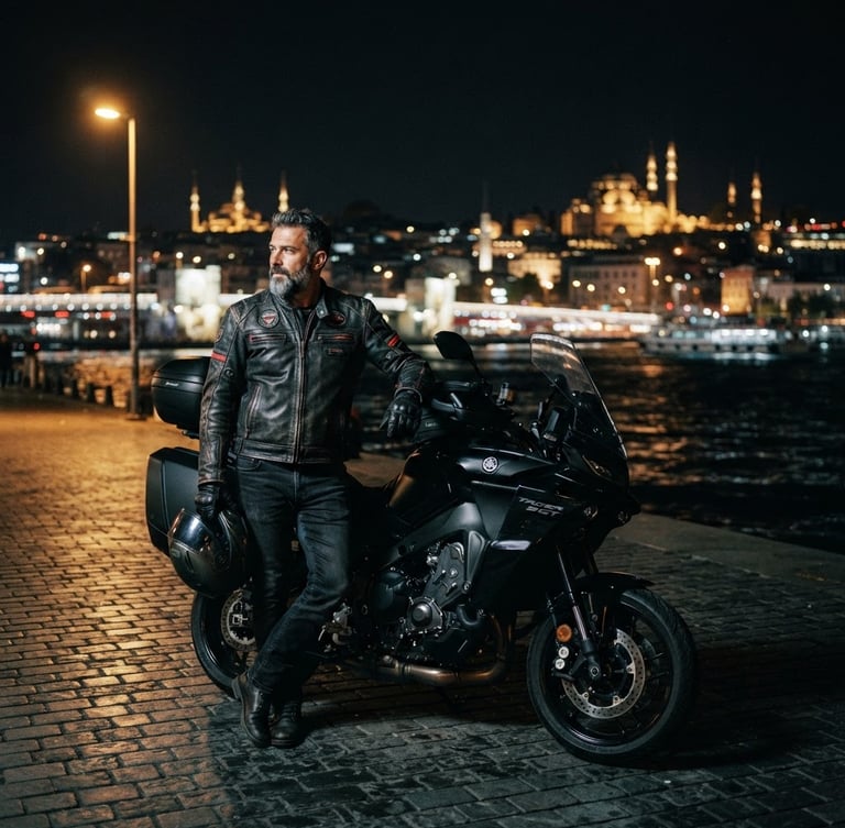 Moody 35mm film portrait of a motorcycle rider in a black leather jacket standing next to a sport touring bike, Istanbul city lights blurred in the background, nighttime.