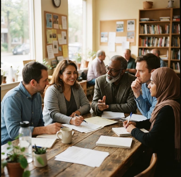 A warm, documentary-style environmental portrait of local community leaders collaborating around a wooden table in a sunlit room, soft natural daylight, 35mm lens.