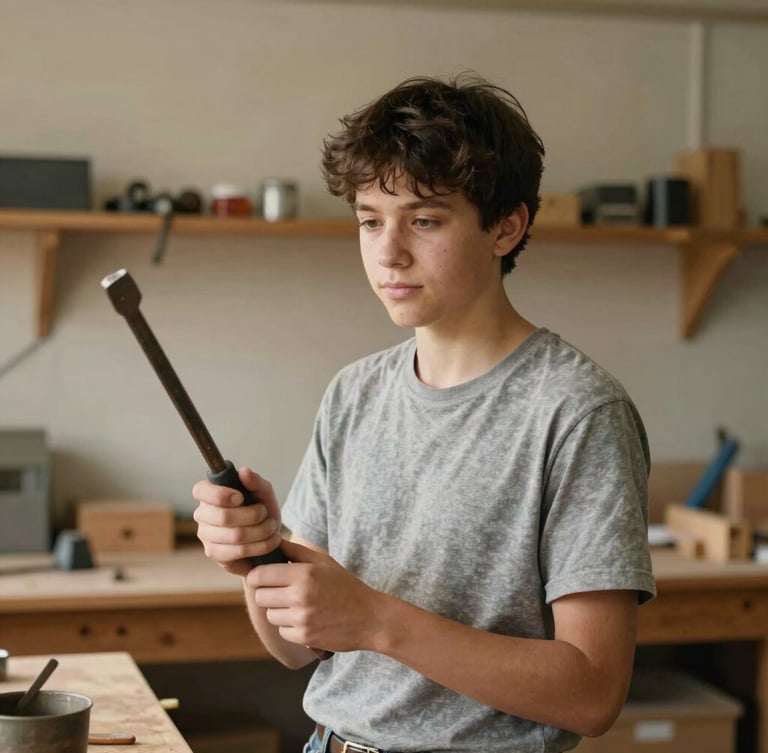 Medium environmental portrait of a student in a warm wood-filled vocational workshop, holding a hand tool, soft natural side lighting, authentic documentary style