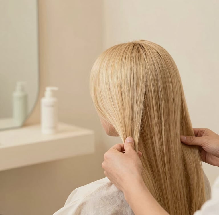 Close-up of a stylist's hands gently working on healthy, glowing hair in a warm cream-toned salon, soft natural light, minimalist aesthetic