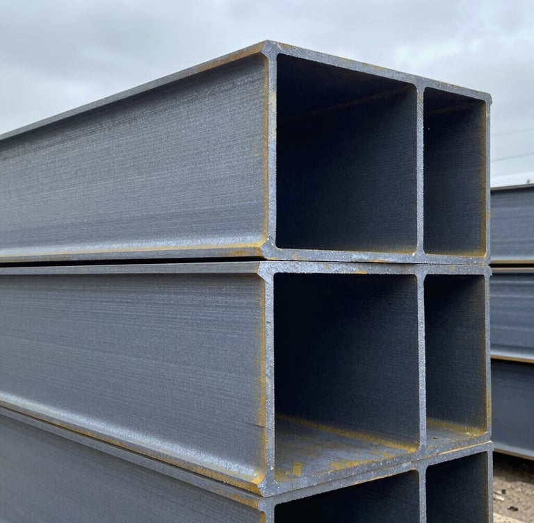 Close-up of massive stacked steel I-beams in a cold overcast warehouse, high contrast steel textures, sharp industrial details, 35mm lens