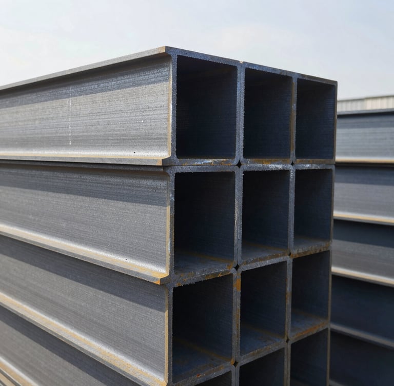 Close-up of industrial steel beams stacked in warehouse, cold natural daylight, high contrast steel texture, 35mm lens