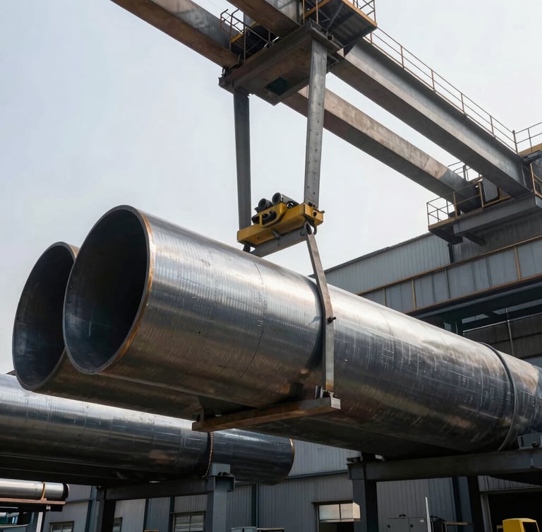 Industrial photography, overhead view of a massive steel warehouse, overhead crane lifting heavy steel pipes, cold daylight, high contrast, sharp details