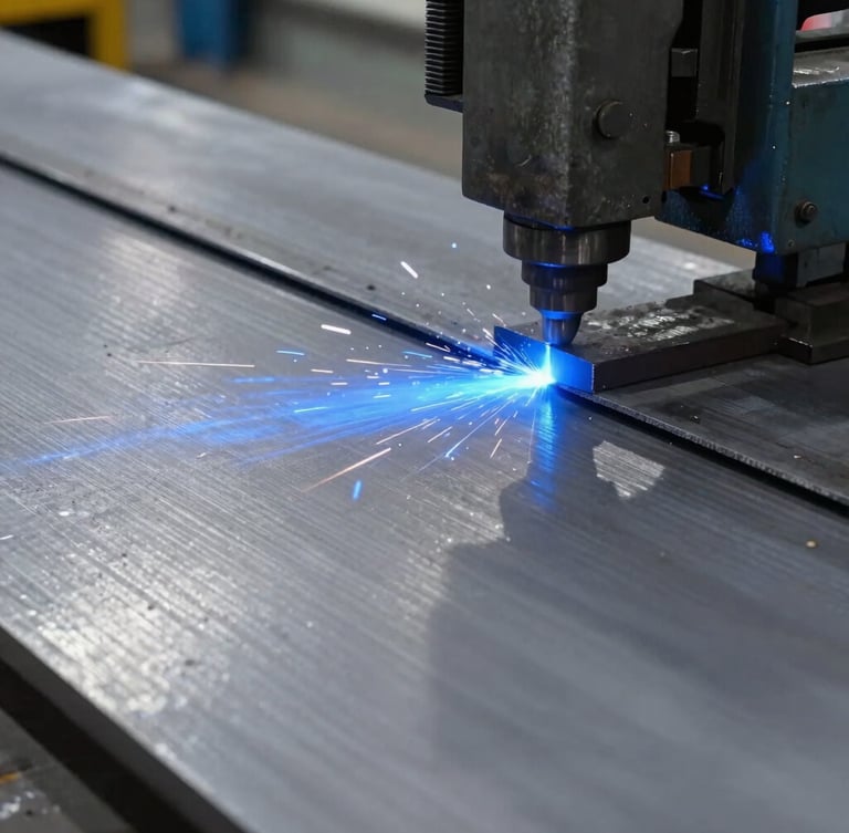 Industrial steel cutting machine with cool blue sparks, close-up of clean cut edge on a massive steel plate, industrial photography, high contrast