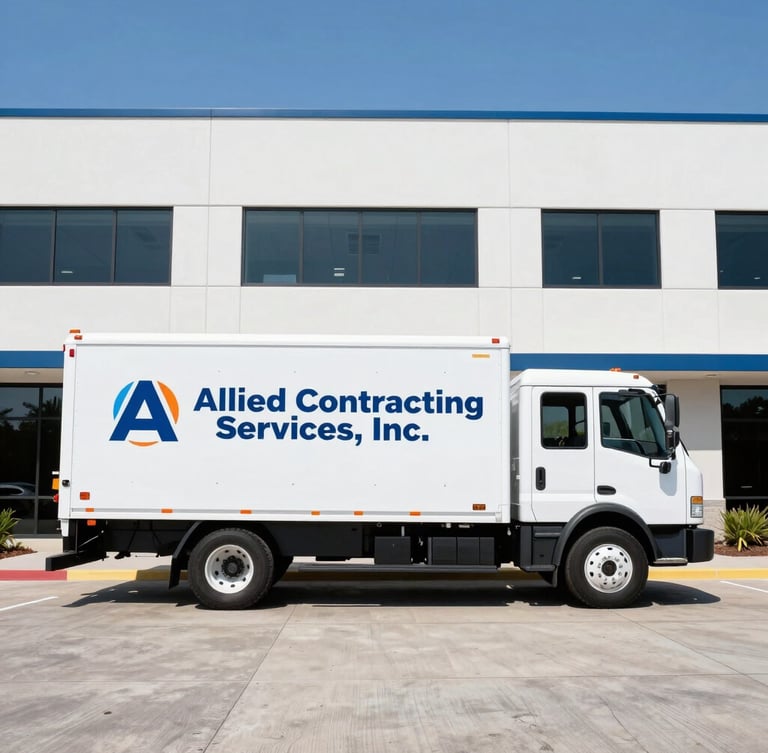 Clean, branded Allied Contracting Services, Inc. work truck parked in front of a modern, well-maintained office building, bright natural daylight, high contrast, straight-on architectural angle.