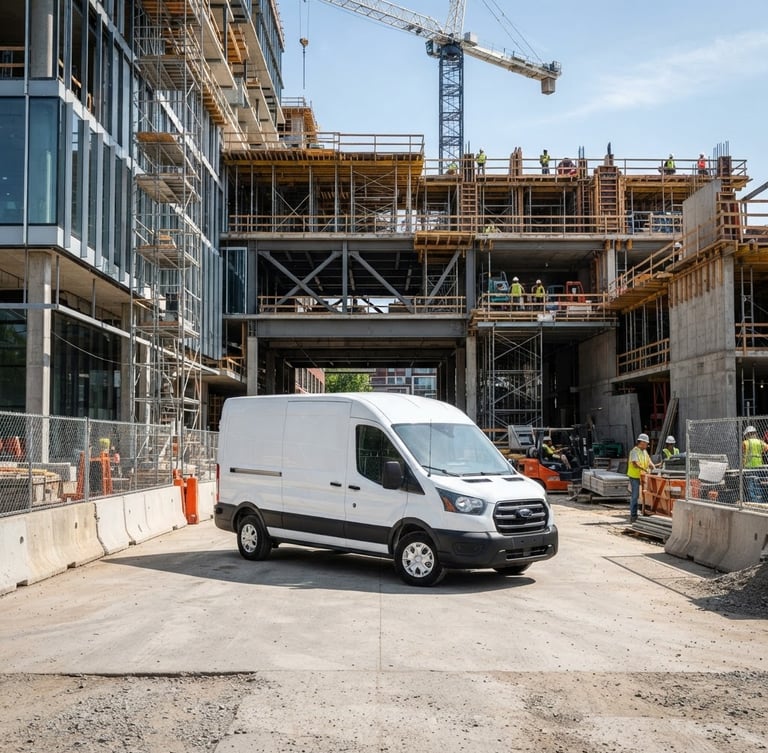 Clean branded company vehicle parked precisely in front of an active, organized construction site, bright natural daylight, high-contrast shadows, architectural framing.