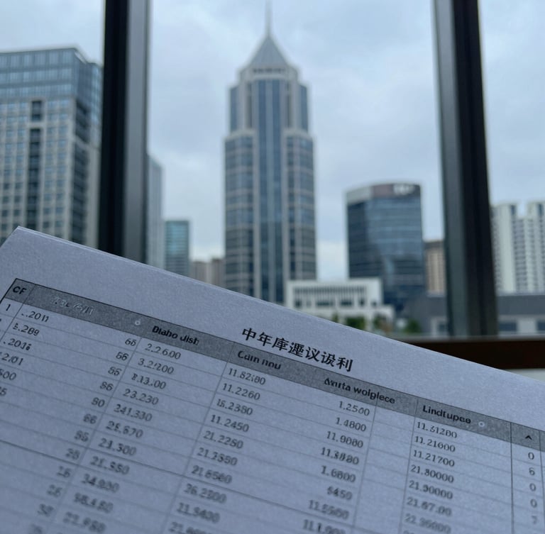 Cool editorial photography, sharp focus on macro details of a printed financial model spreadsheet with architectural lines of a modern financial district reflecting in the window background, muted blue and slate tones, soft overcast daylight, 35mm.