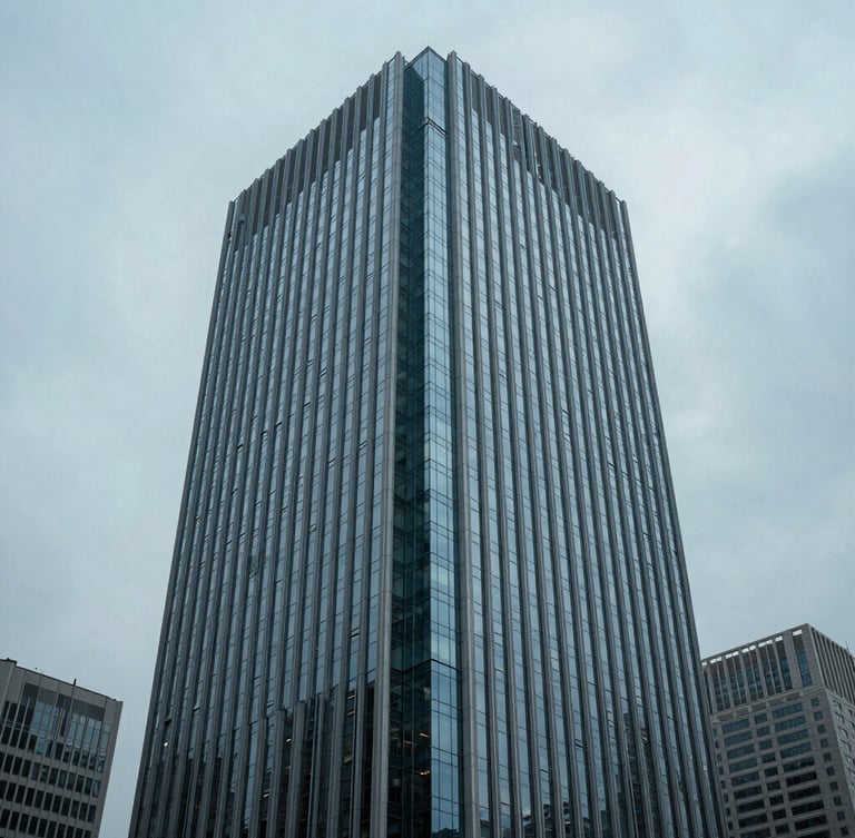 Cool editorial photography of sharp architectural lines of a modern financial district skyscraper reflecting a muted blue overcast sky, 35mm, sharp focus