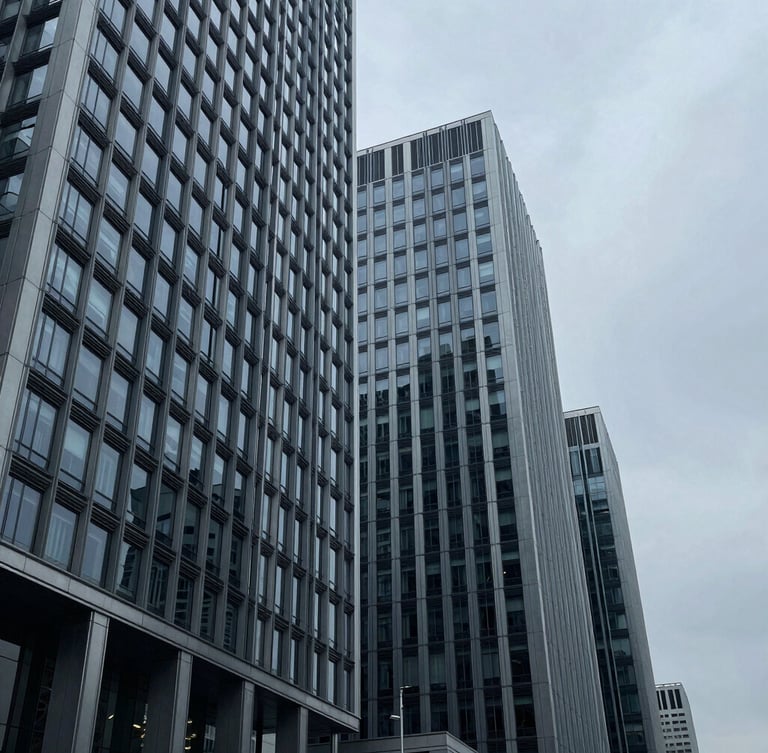 Wide-angle architectural lines of a modern financial district building facade, steel and glass structure under cool overcast daylight, muted blue and slate tones, sharp focus, 35mm.