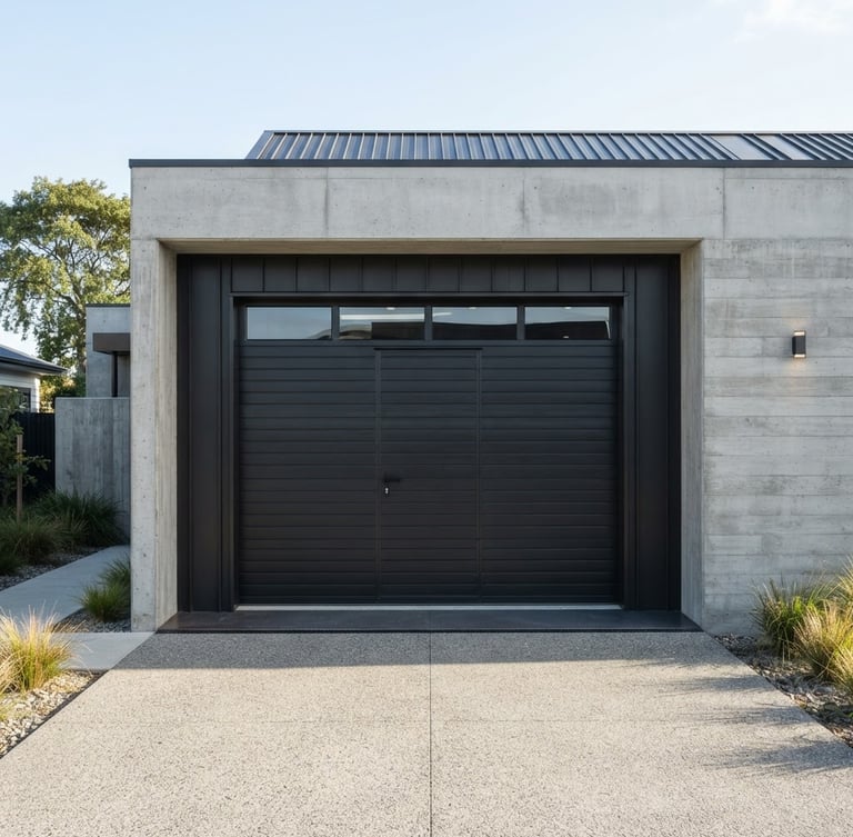 Straight-on architectural shot of a modern dark-steel garage door installed on a contemporary concrete home, bright natural daylight, sharp focus, 35mm lens