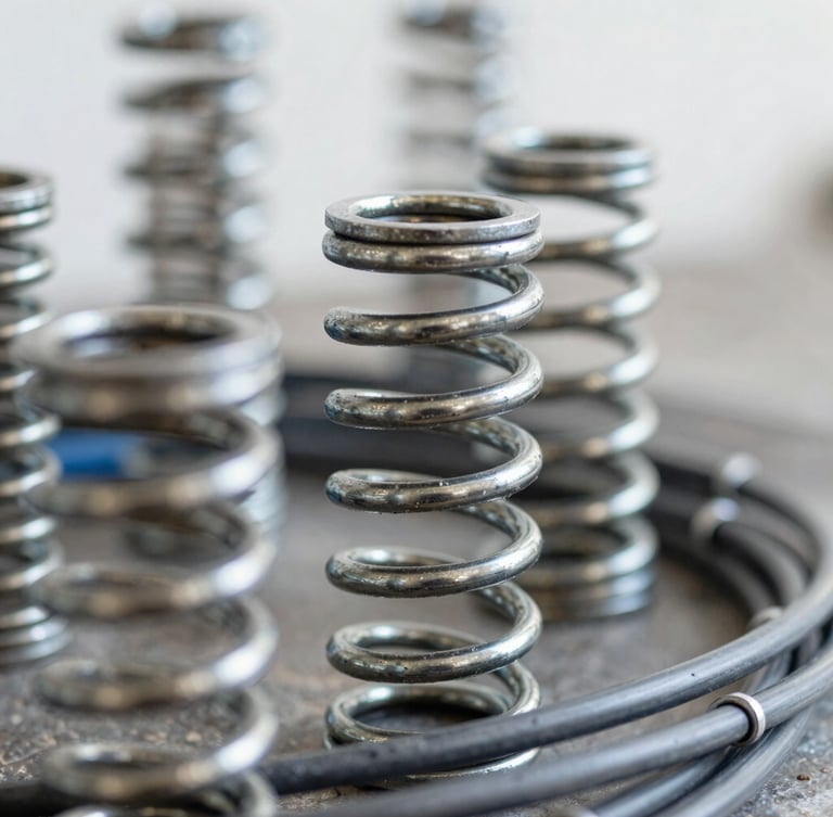 Tight macro shot of heavy-duty steel torsion springs and clean mechanical cables, crisp high-contrast garage interior lighting, sharp focus, 35mm lens