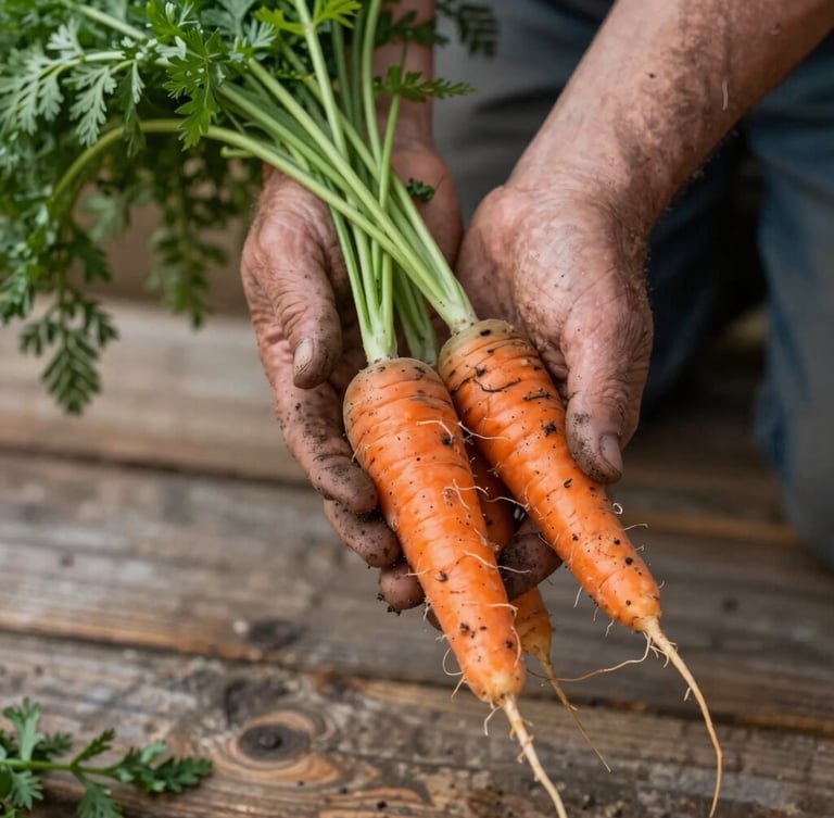 Close-up of a farmer's dirt-stained hands cradling freshly pulled heirloom carrots, soft natural north-facing daylight, rustic wooden background.