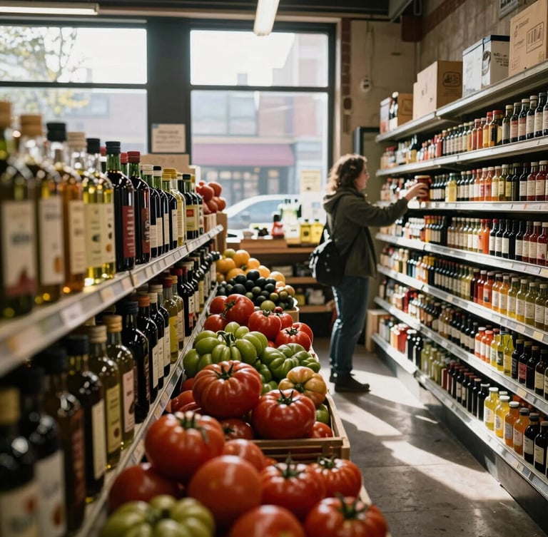 Wide environmental shot of a bustling specialty grocery market in Brooklyn, warm diffused daylight streaming through high windows, shelves stacked with artisanal olive oils and fresh heirloom tomatoes, a customer reaching for a jar in the background.
