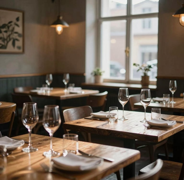 Cozy Scandinavian-style restaurant dining room, low warm natural light filtering through a window, rustic wooden tables, empty wine glasses catching diffused light.
