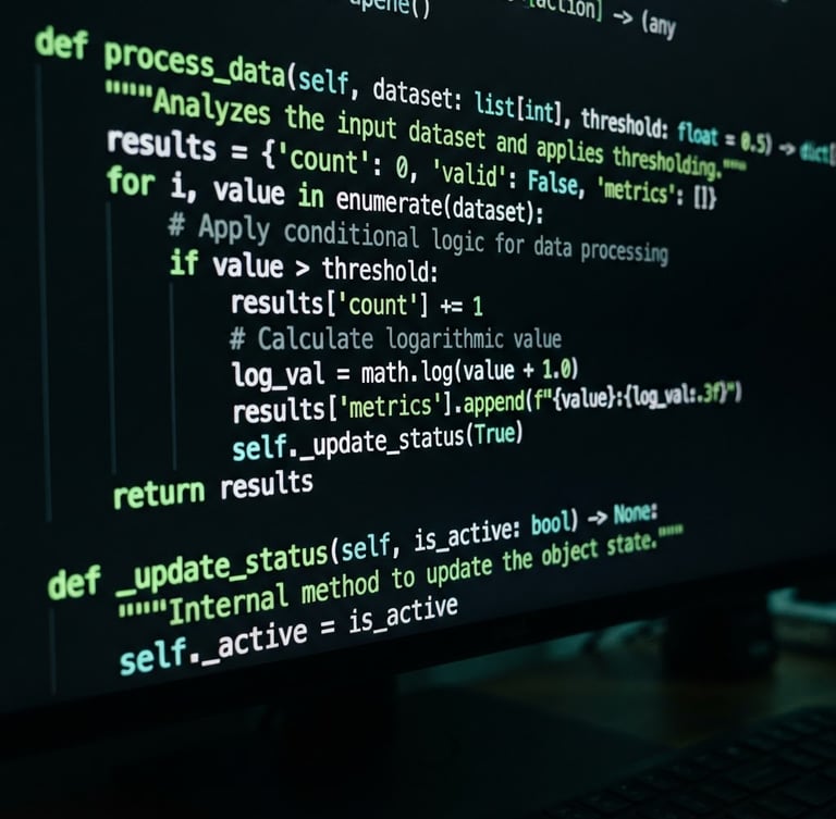 Tight macro shot of clean Python code on a dark screen, soft neon green syntax highlighting, shallow depth of field, moody tech ambient lighting.