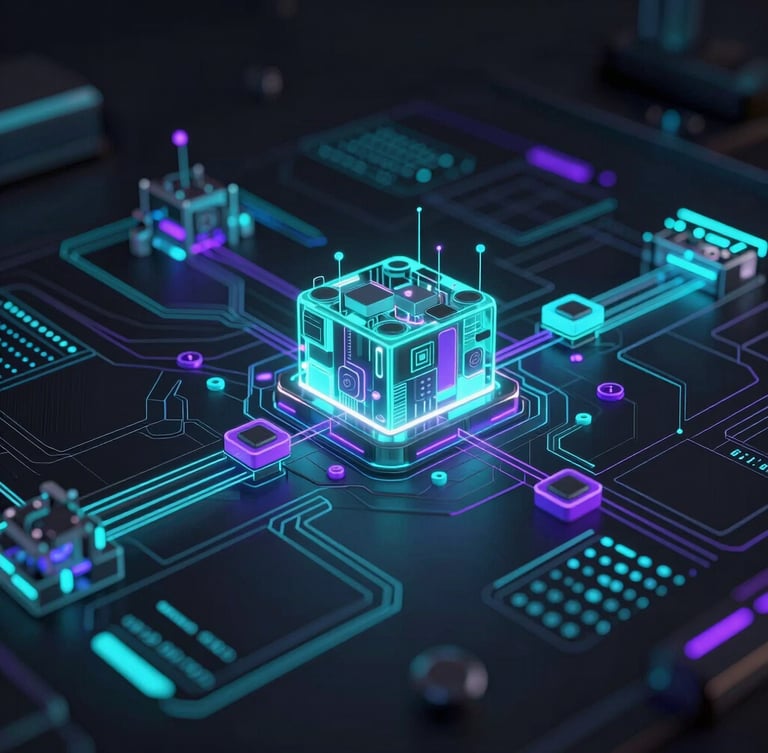 Sleek 3D render, abstract digital engineering data visualization, glowing teal and purple accents, dark ambient lighting, octane render, wide angle