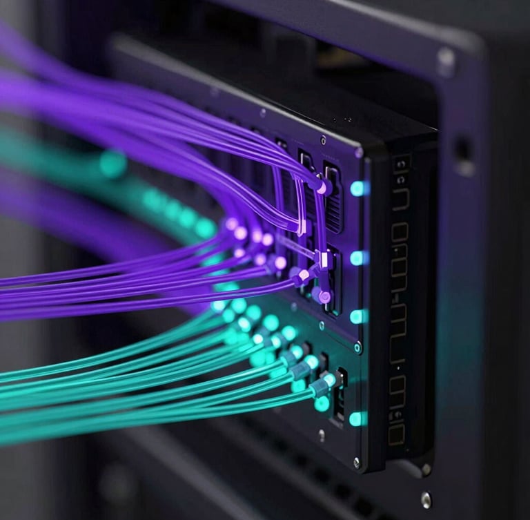 Macro close-up of server hardware with glowing purple and teal fiber optic paths, architectural lines of modern technology hubs, dark ambient shadows, high-contrast octane render, portrait aspect