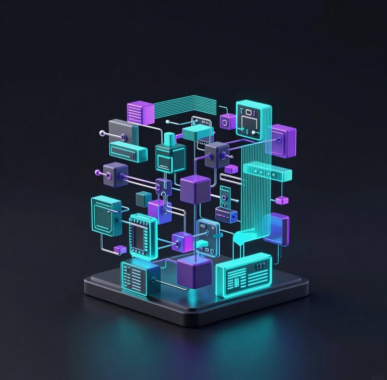 Sleek 3D render of abstract digital engineering data visualization, glowing teal and purple accents, dark ambient lighting, octane render, portrait aspect.