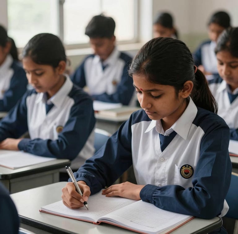 A disciplined classroom scene with Indian students in neat navy and white uniforms, focused on writing in their notebooks under bright natural window light.