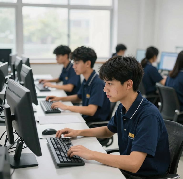 Students in clean navy blue uniforms working on modern desktop computers in a bright, spacious computer lab under natural window light.