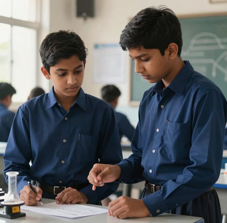 A medium shot of two Indian students in clean, well-pressed navy blue school uniforms discussing a science project in a bright, modern classroom under natural daylight.